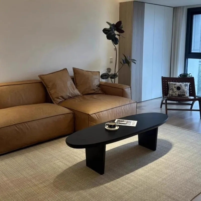 

Wabi Sandy Wind Черный журнальный столик из массива дерева Узкий и длинный маленький чайный столик Средневековый дизайнерский гостиная Простой овальный для проживания в семье