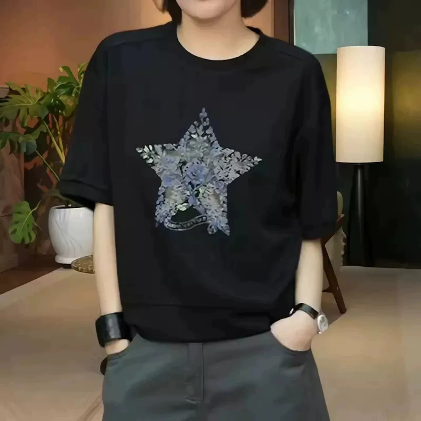 

High-End Women's plus Size round Neck Short Sleeve T-Shirt Summer New Style Base Shirt Commute Style Artistic Pure Color