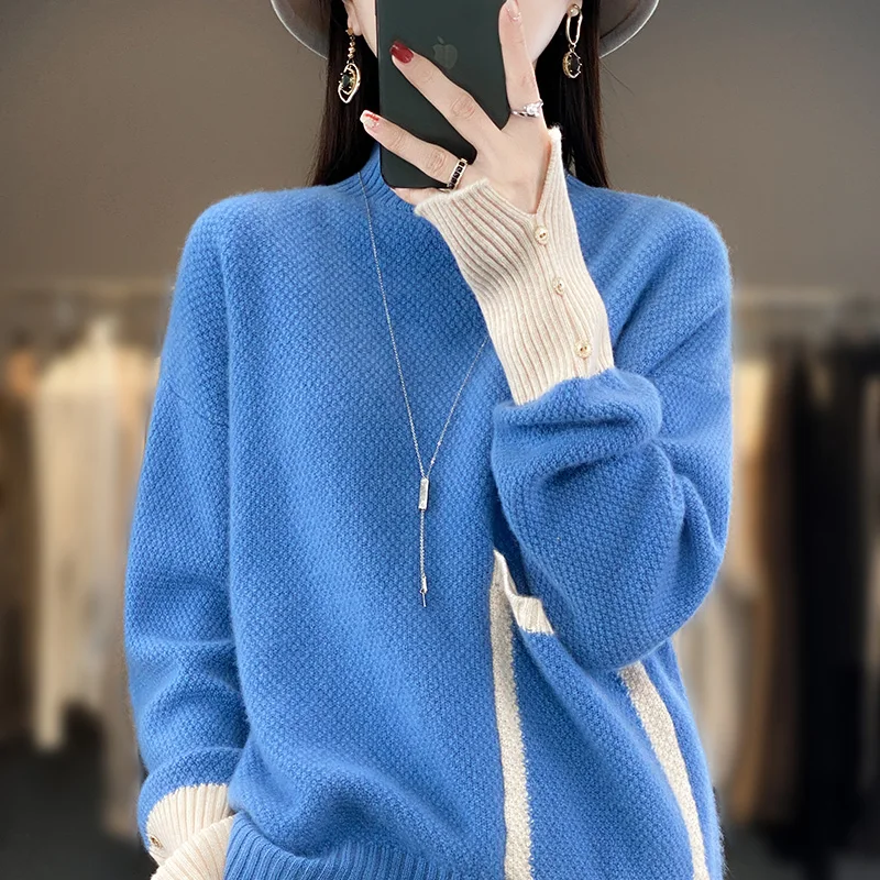 Large Size Sweater Clothing 2023 Autumn/Winter 100% Cashmere Wool Sweater Women\'s Half High Neck Knit Pullover Loose Fashion Top