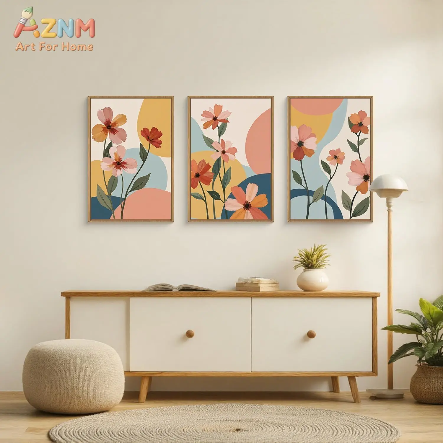 3PCSAZNM 3-teiliges Boho-Set mit abstrakten Blumen-Leinwand-Wandkunstwerken, modernes, minimalistisches Blumen-Botanik-Druckgemälde, ungerahmte Leinwandkunst