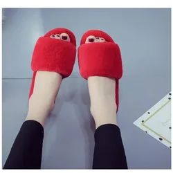 Winter Women Winter House Furry Slippers Non-Slip Casual Indoor Flats Floor Shoes Ladies Flip Flops Warm Shoes Solid Colors