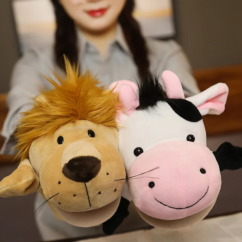 Cartoon Animal Plush Doll Hand Finger Toys Cute Mouth Mobile Tiger Chimpanzee Cow Doll Storytelling Performance Stuffed Plush