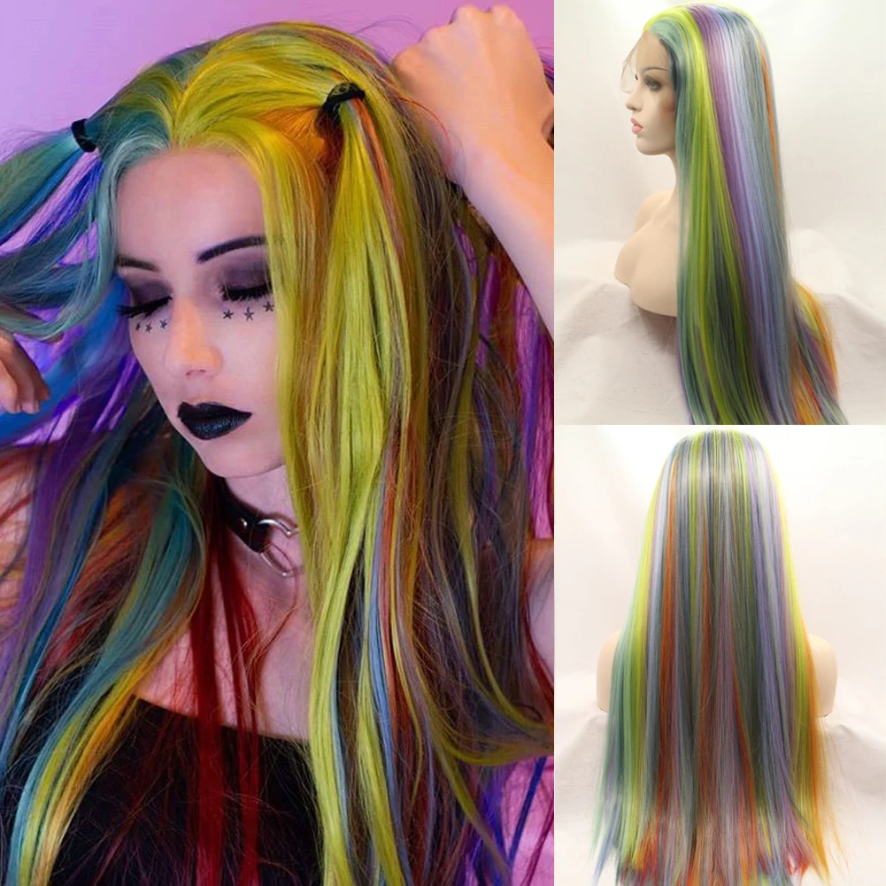 Rainbow Multi Color Cosplay Synthetic Lace Front Wigs for Girl, Orange Yellow Red Blue Green Purple Colorful High Density Wig