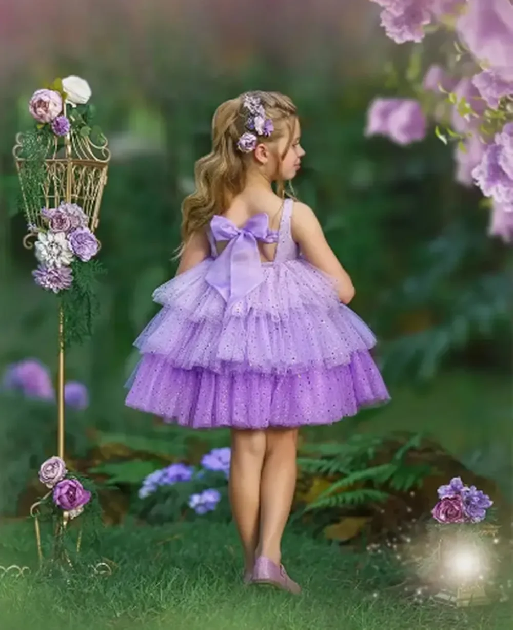 Customized Purple Flower Girl Dresses For Wedding Layered Backless Sequins With Bow Kids Birthday Party First Communion Gown