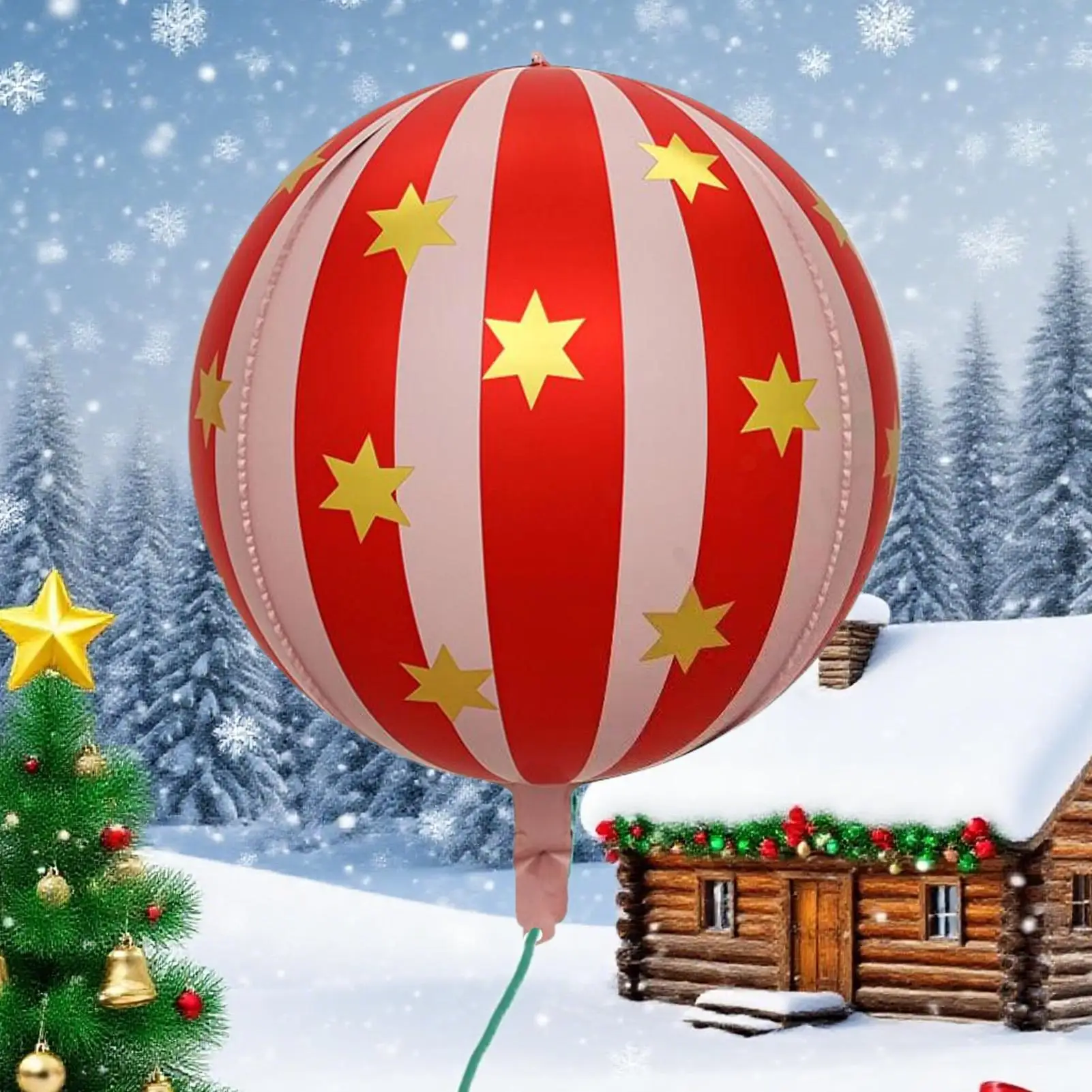 بالون من طبقة الألومنيوم بنجمة مخططة مقاس 22 بوصة 4D مع كرات حمراء وخضراء يمكن أن تطفو في الهواء لعيد الميلاد وأعياد الميلاد