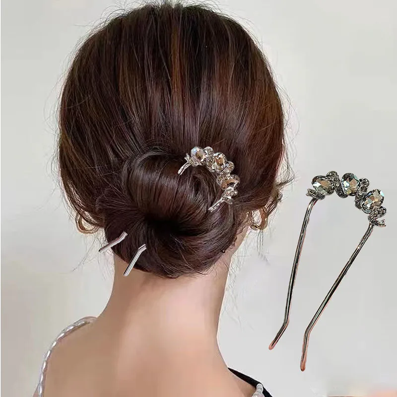 High-end Metal Crystal Leaf U-shaped Hairpin Women Simple Black Color Rhinestone Hair Clasp Bun Hair Sticks Hair Accessories