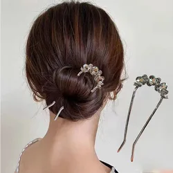 High-end Metal Crystal Leaf U-shaped Hairpin Women Simple Black Color Rhinestone Hair Clasp Bun Hair Sticks Hair Accessories