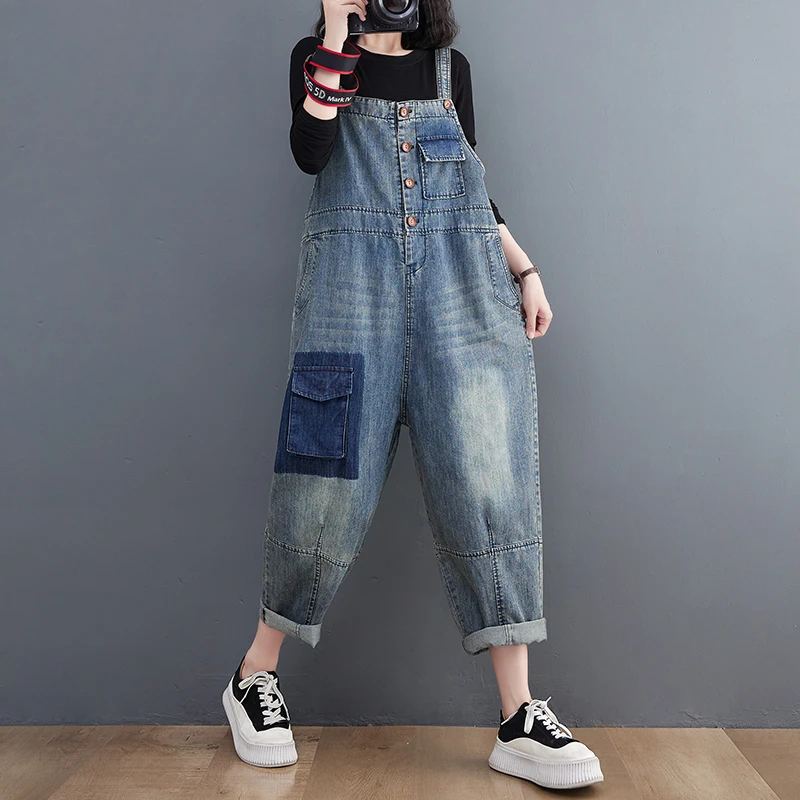 Loose Wide Leg Denim Jumpsuits Women Casual Streetwear Straight Big Size Overalls Single Breasted Mom Jeans Straps Cargo Pants