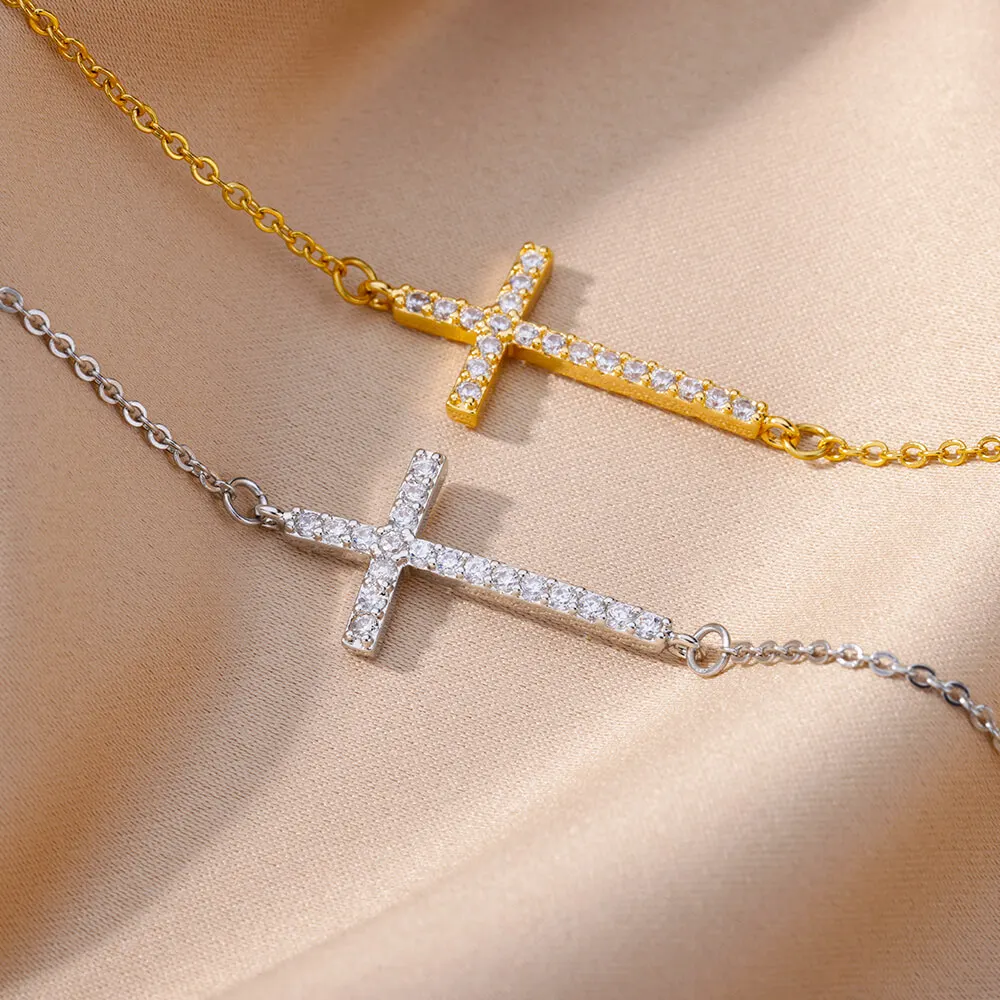 Minimalistisches Kupfer-Kubikzirkonia-Kreuz-Armband in Gold- und Silberfarbe, Zarte Kette, Amulett-Schmuck für Mädchen – Detail 2