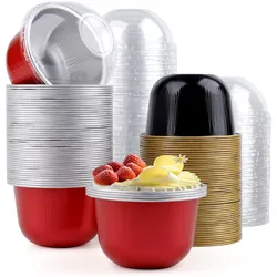 50Pcs Aluminum Foil Baking Cups with Lids Cupcake Liners Ramekins Reusable Muffin Case Dessert Containers for Wedding Birthday