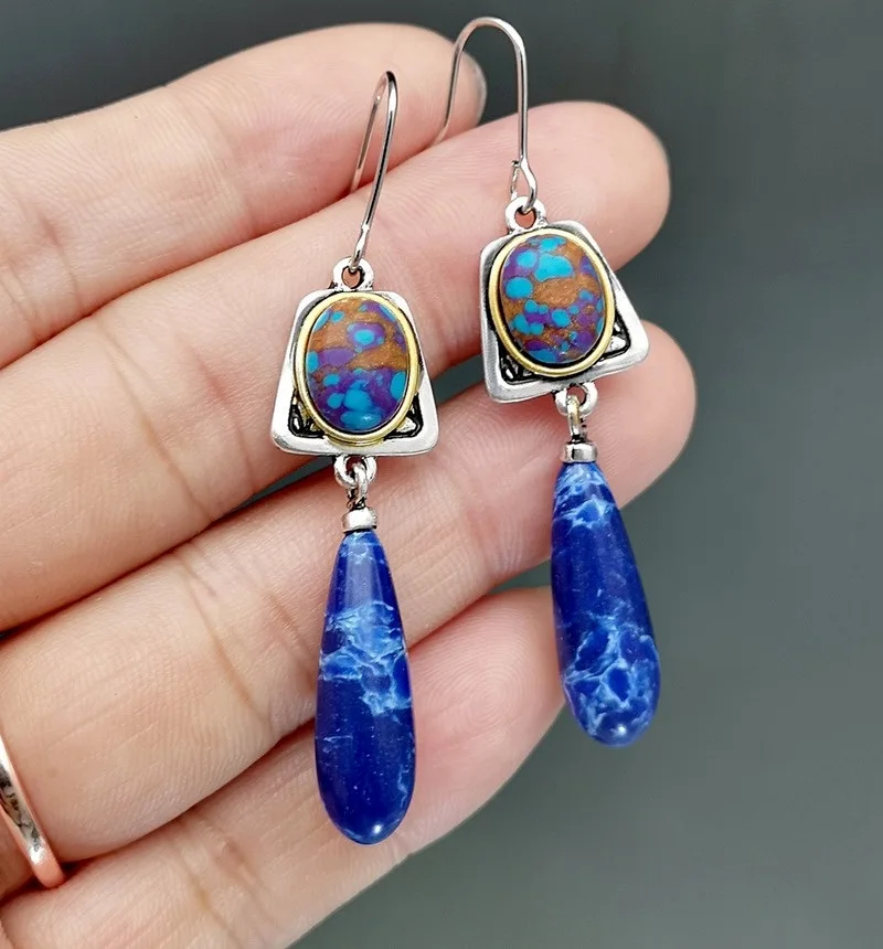 Bohemian Style Lapis Lazuli stone Dangle Hook Earrings Wedding Engagement Earrings for Women