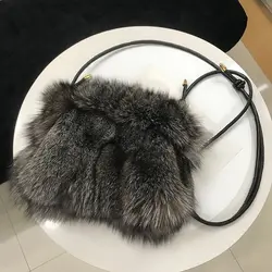 Imported Fox Hair Blue Fox Natural Small Square Bag Silver Fox Hair Bag Women's High Extreme True Fur Grass Oblique Straddle Sho