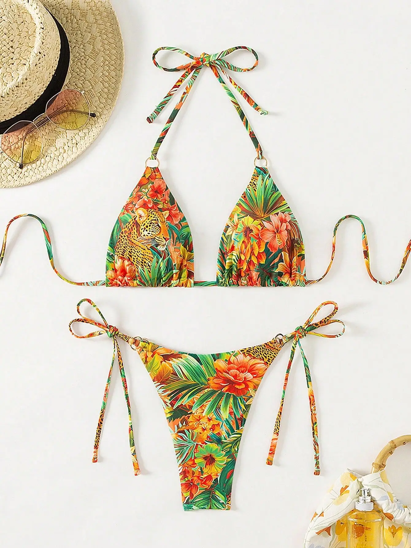 Tropical Print Bikini Set Women's 2025 New 2 Piece Swimsuit Sexy Triangle Halter Backless Thong Swimwear Beach Vacation Wear