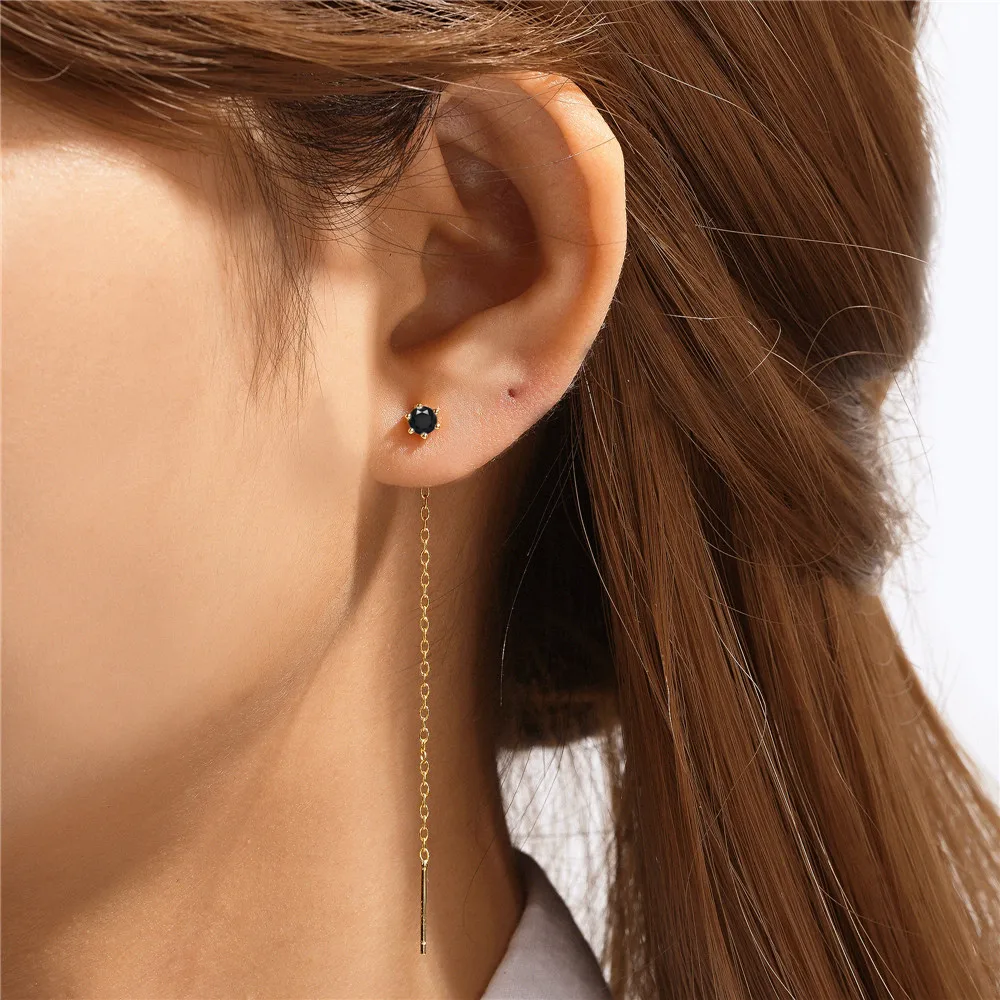 BOAKO S925 Sterling Silver Single Colorful Cubic Zirconia Chain Tassel Ear Line Minimalist Stud Earrings For Women Pendientes