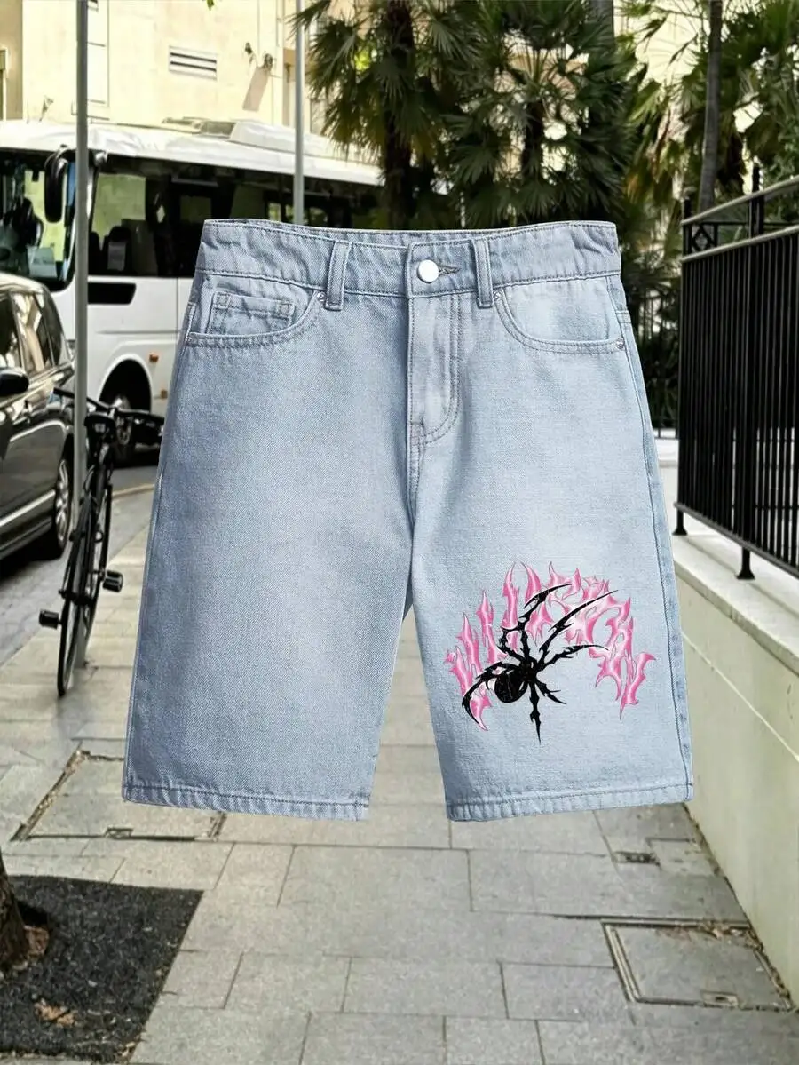 

Denim Shorts With Pink Flame Spider Graphic, Gothic Streetwear Style, Straight Leg, Five Inch Length
