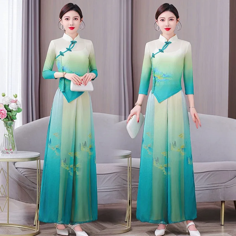 

Женский комплект Cheongsam в этническом стиле, вьетнамский комплект Aodai с цветочным принтом, вечернее шифоновое платье, традиционный танцевальный костюм