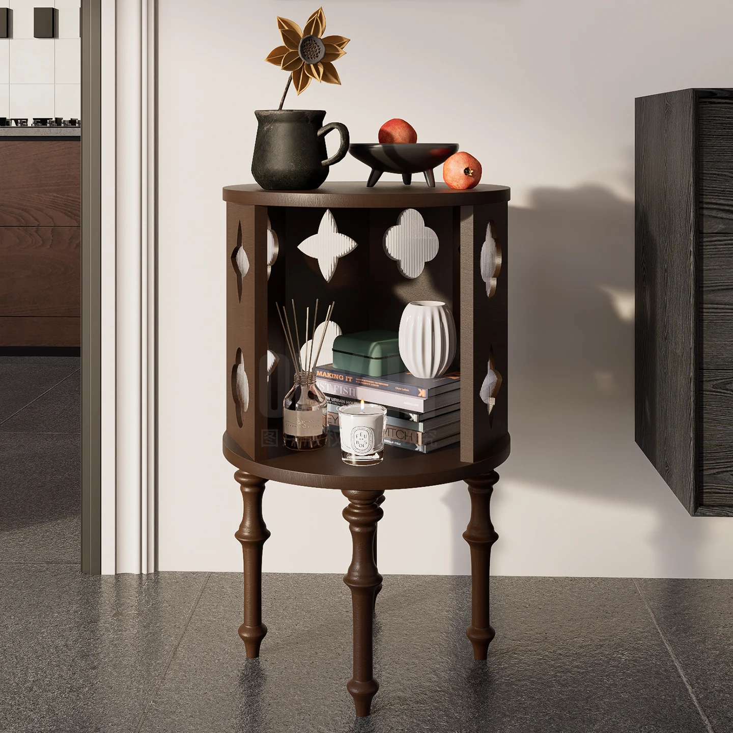%&Ouyun Retro Wood Four-Leaf Clover Storage Cabinet Luxury Living Room Furniture for Home Office & Bedroom Decor