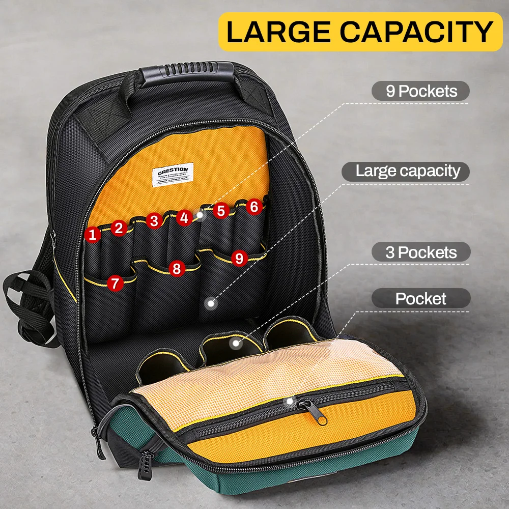 Mochila de ferramentas, bolsa de ferramentas para eletricista com vários bolsos e compartimento acolchoado para laptop, organizador de ferramentas durável de malha não impermeável