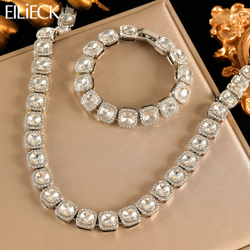 Eilieck prata cor grossa cubana corrente grande zircão colar pulseira conjunto para mulheres novo punk à prova dwaterproof água jóias presente bijoux