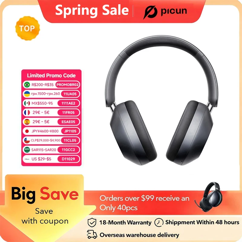 

Picun F6 Беспроводные наушники с активным шумоподавлением, отслеживание головы, 3D аудио, 40 мм, Hi-Res ANC, Bluetooth-гарнитура, управление через приложение HIFI