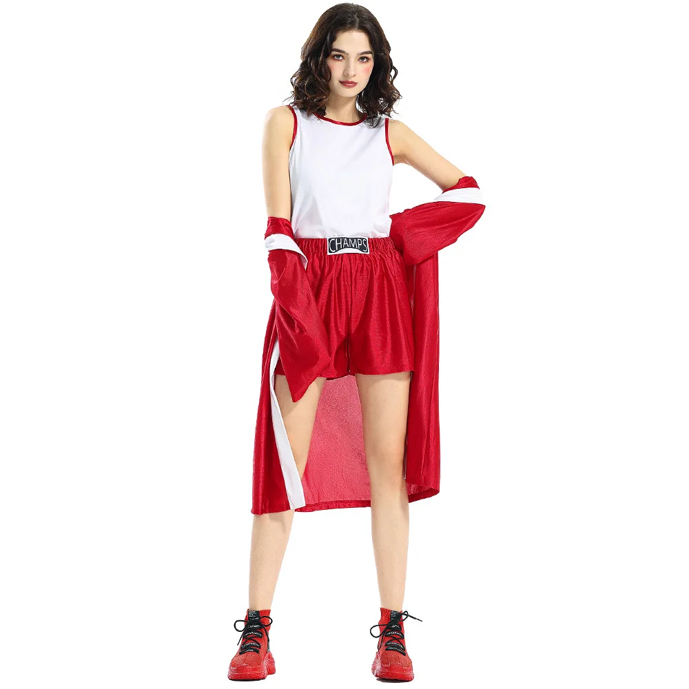 Woman White Top Red Pants Long Cloak 3Pcs Set Boxer Cosplay Game Suit Battle Robe Hooded Jacket, Sports Set Halloween Costumes