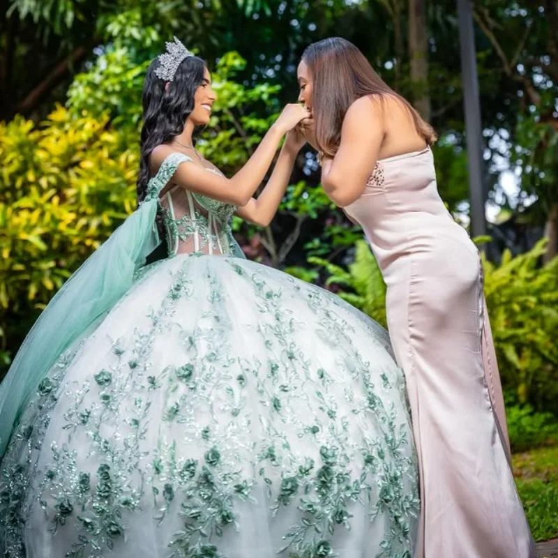 فساتين Quinceanera مخصصة باللون الأخضر النعناعي قبالة الكتف بريق ملصق كريستال ثلاثية الأبعاد ذيل زهرة فيستدو 15 Quinceanera #4