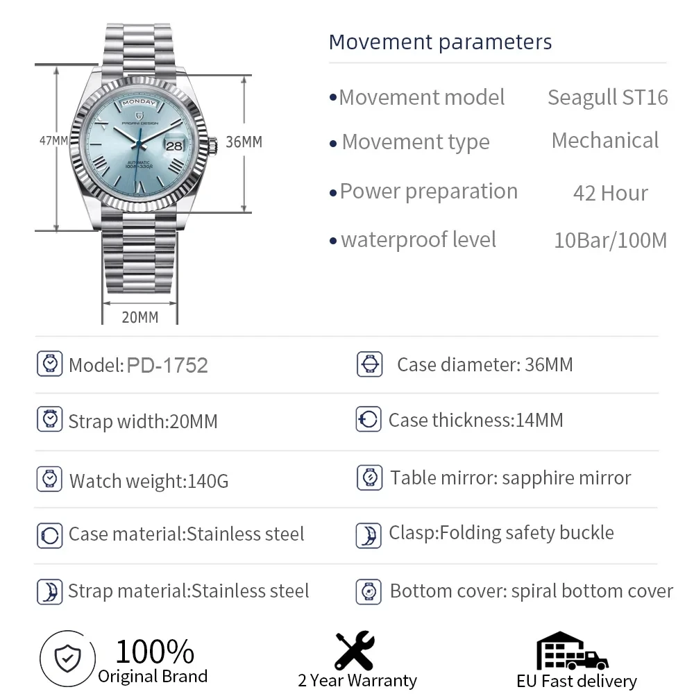 Pagani Design jam tangan pria, arloji mekanik safir AR anti air 100M, tipe kalender minggu baja anti karat