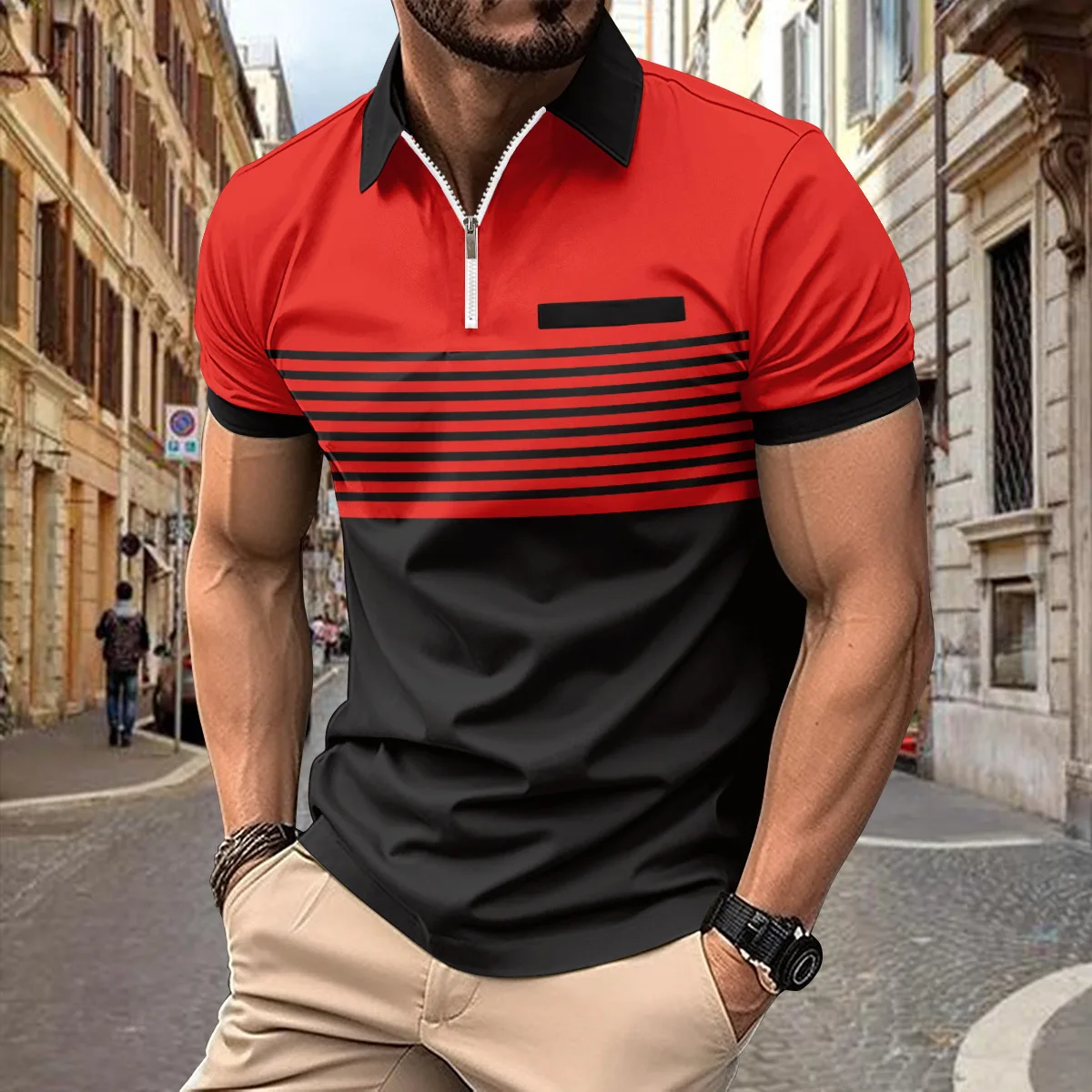 2024 Summer Instant Amazon POLO Shirt with lapel Zip Men\'s Printed Striped Sport High Street Breathable Polo shirt