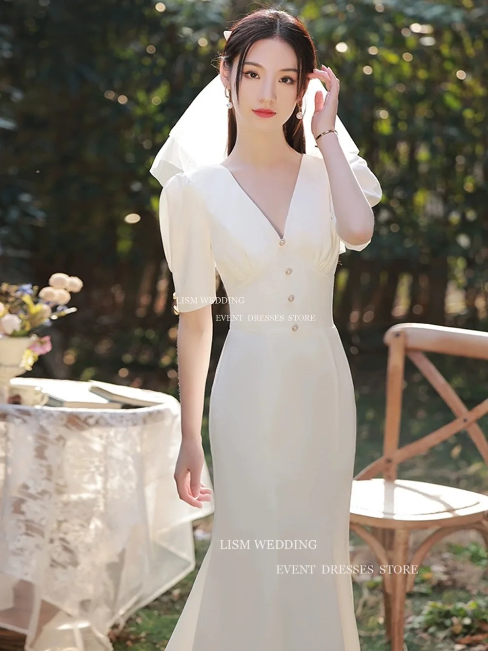 LISM Simple V Neck Mermaid Wedding Dress korea Photo Shoot Short With Veil Bridal Gown Floor Length Bridal Dresses Custom Made