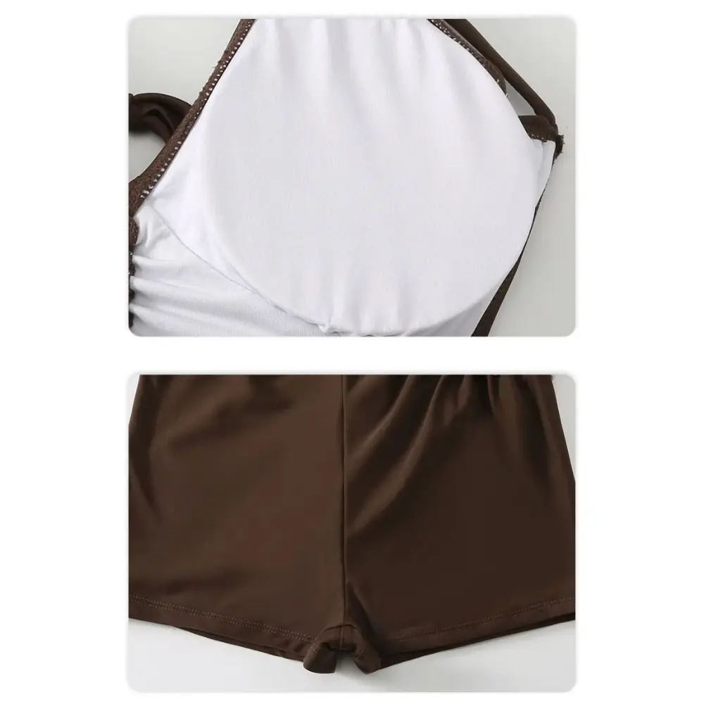 Traje de baño de color café de tres puntos, conjunto de Bikini con diseño de cordones y cuello Halter, Mini estilo adelgazante, Halter sin espalda, pecho pequeño