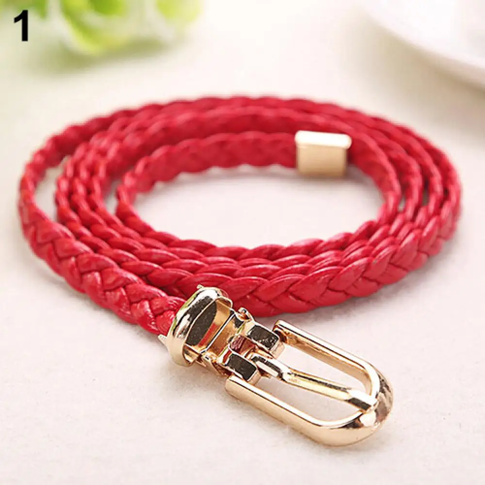 Women Braided PU Leather Narrow Thin Buckle Strap Waist Belt All-Match Waistband Female Thin Belts Ladies Dress Skirt Decoration