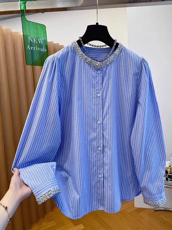 

Ele Casual Women's Striped irt with Hotfix Rhinestones Spring Faionable Top Long Sve Stand Collar Regular Fit