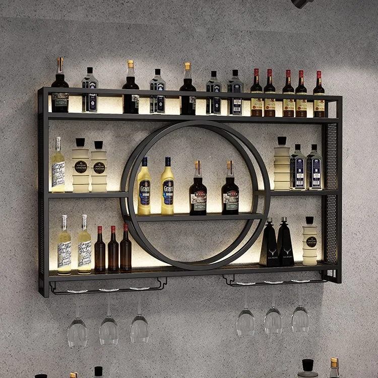 Portabottiglie da parete Armadietto da bar in metallo nero con supporto in vetro Mini ripiano per bottiglie di vino Decorazione della cucina di casa