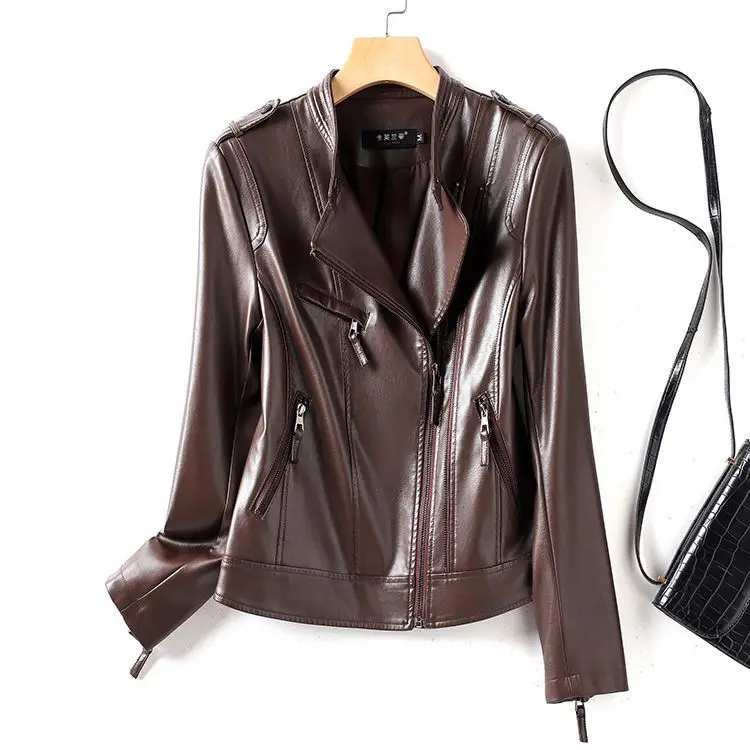 Giacca in Pelle Slim Fit da Donna con Collo Alto, Stile Coreano, Nera, con Cerniera, Maniche Lunghe, in Pelle di Pecora, per Primavera Autunno