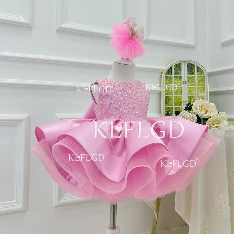 KLFLGD Elegant Pink Girl Dress Exquisite Girl Birthday Wedding Party Dress Big Bow Children's Festival Ball Evening Dress