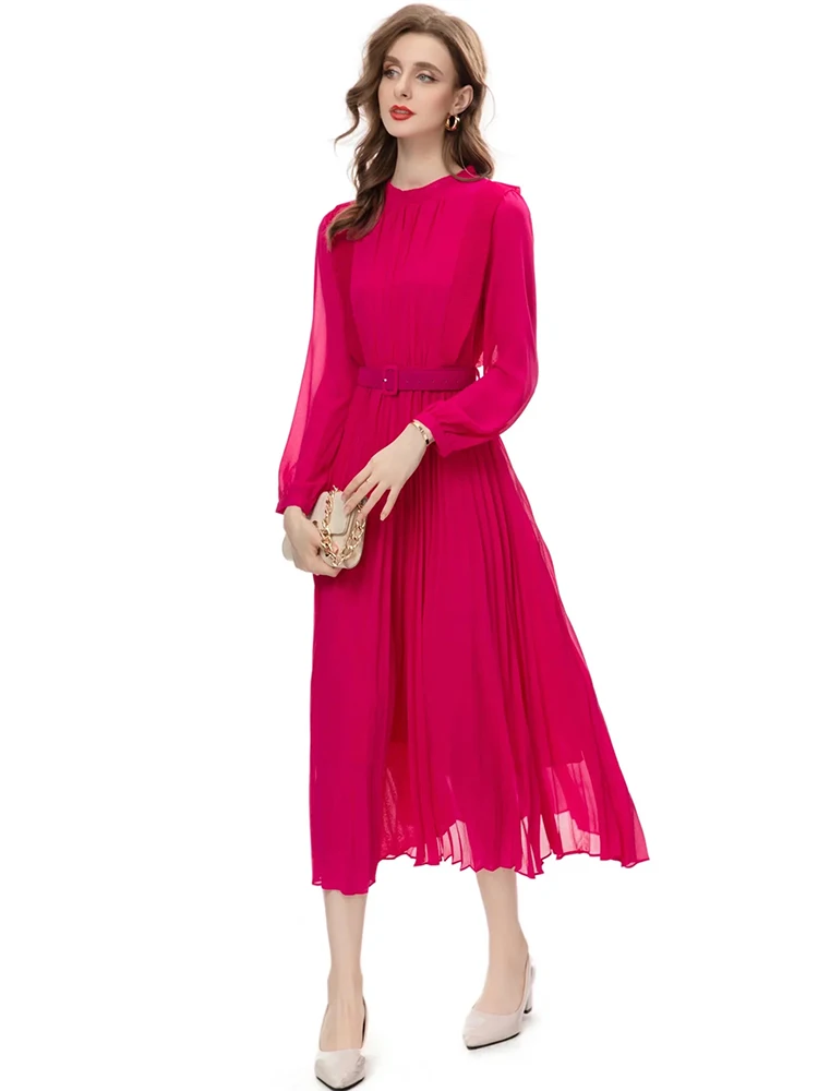 DLDENGHAN Spring Long Dress Women O-Neck Lantern Sleeve Belt Elegant Party Pleated Desses Fashion Designer New