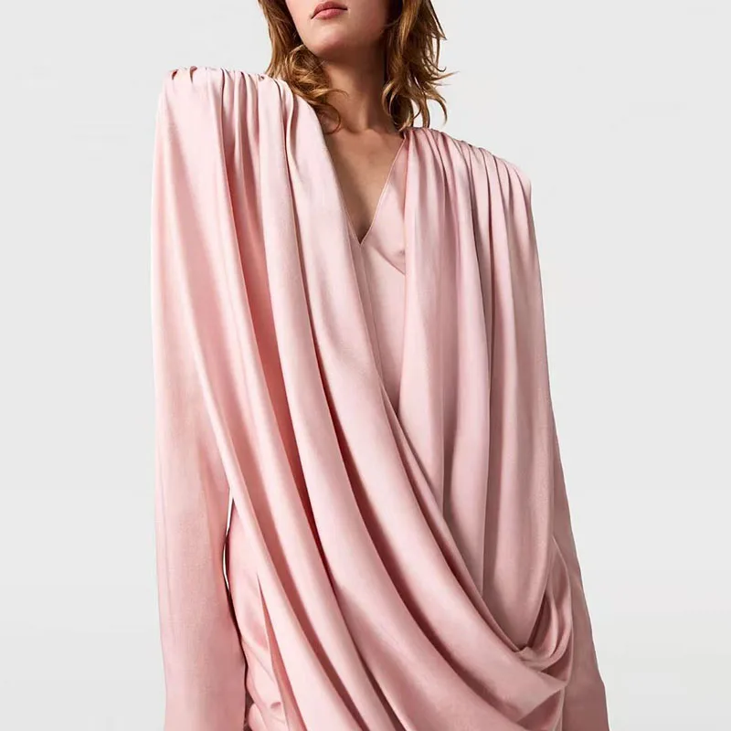 2025 Fashion Temperament Pink Short Dresses Satin Cross V Neck Women's Dress Autumn Sweet Elegant Long Sleeved Party Mini Dress