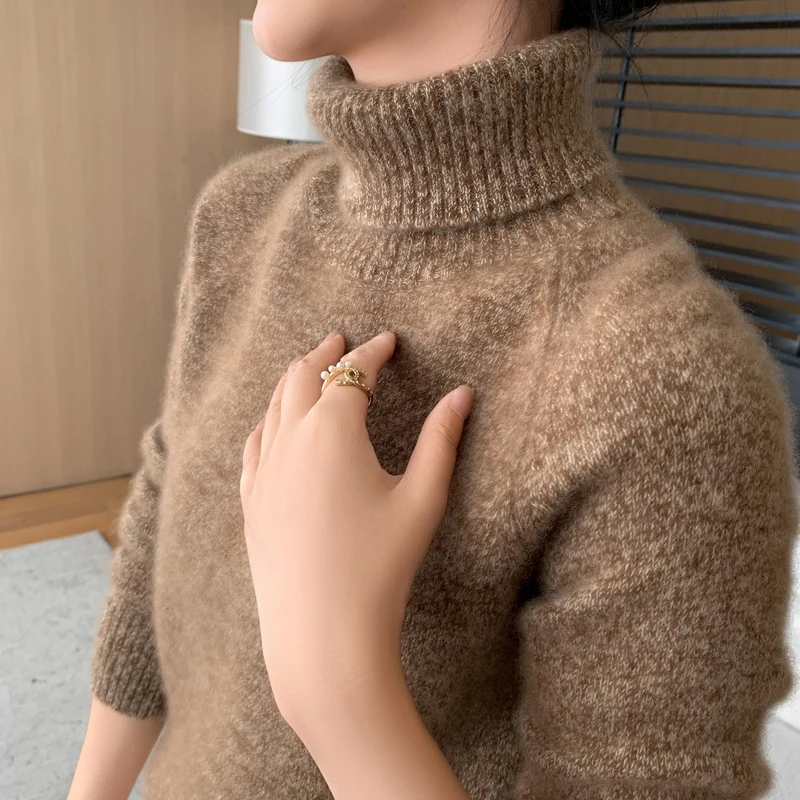 2024 Autumn and Winter New 100% Pure Cashmere Sweater Women's Turtleneck Bottom Floral Yarn Sweater Loose Pullover Sweater Top