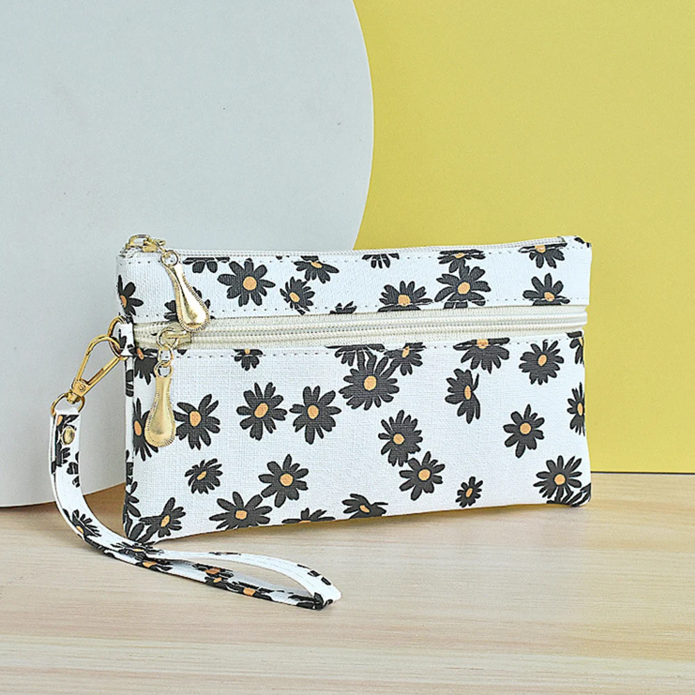 Fashion Daisy Print Mini Coin Wallet Leather Zipper Purse Phone Bag Women Key Card Holder Elegance Pouch Small Handbag