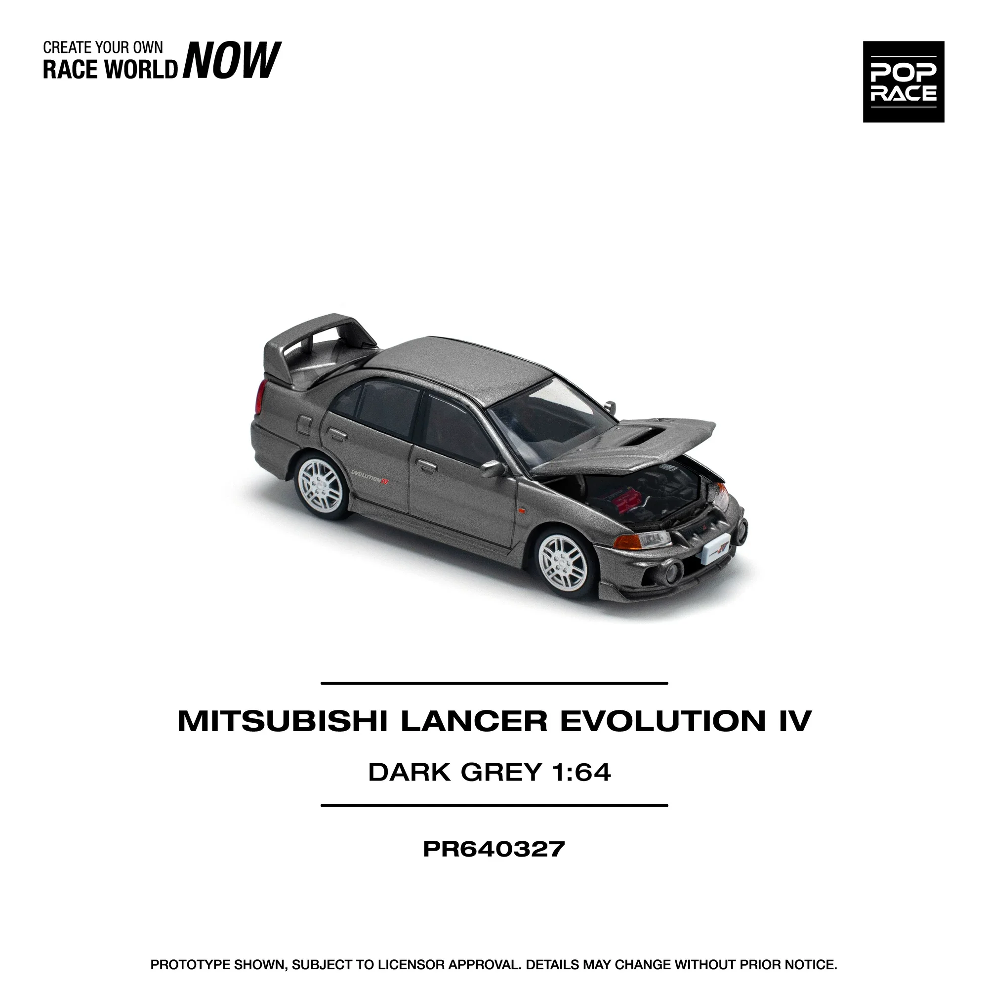 

In Stock Ready To Ship Pop Race 1:64 Mitsubishi Lancer Evolution IV Dark Grey Diecast Model Car (Open Hood) #PR640327