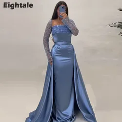 Eightale Haze Blue Evening Dresses Long Sleeves Sequined Mermaid Prom Wedding Party Gown with Detachable Skirt Customized