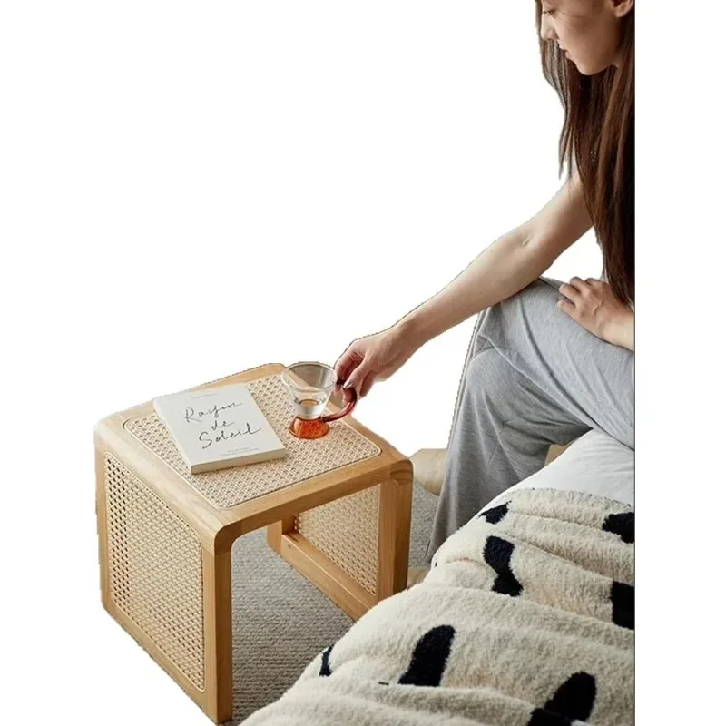 home multi-functional solid wood rattan square stool, sofa edge corner few bed and breakfast bedside table, small