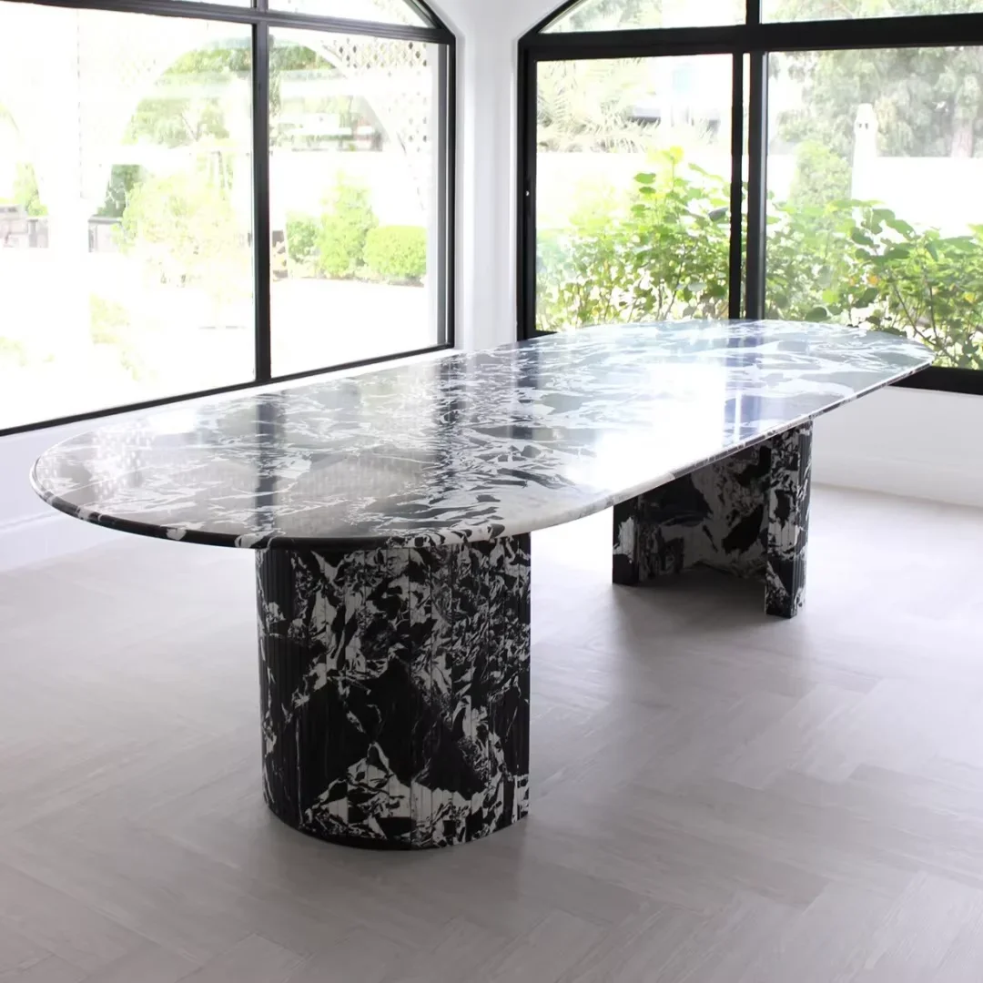 Mesa de comedor italiana de lujo de mármol Calacatta Viola, tapa de forma ovalada, cocina interior, gran oferta, muebles de piedra púrpura