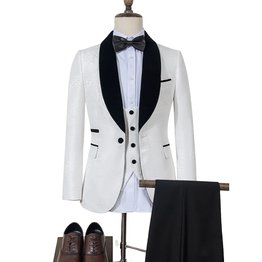 

Premium Men's Suit in White 3pcs Wedding Clothes Party Outfit for man Black Shawl Lapel Jacket Ves Pants Set