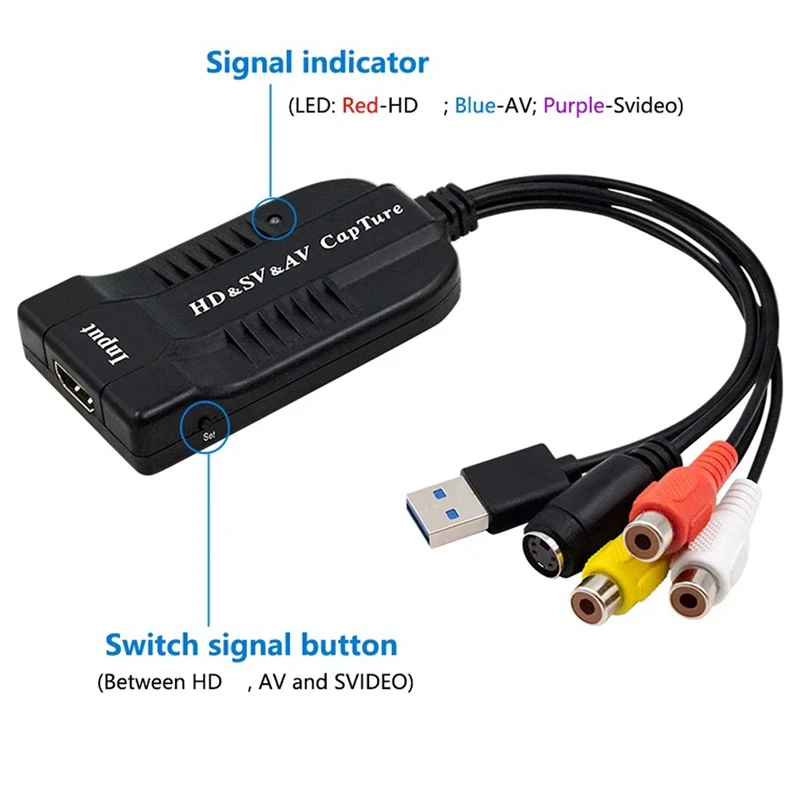 USB Video Capture Card VHS/HD/Hi8/DVD To Digital Converter HD/RCA/S-Video To USB2.0 Audio Video Record Capture Device