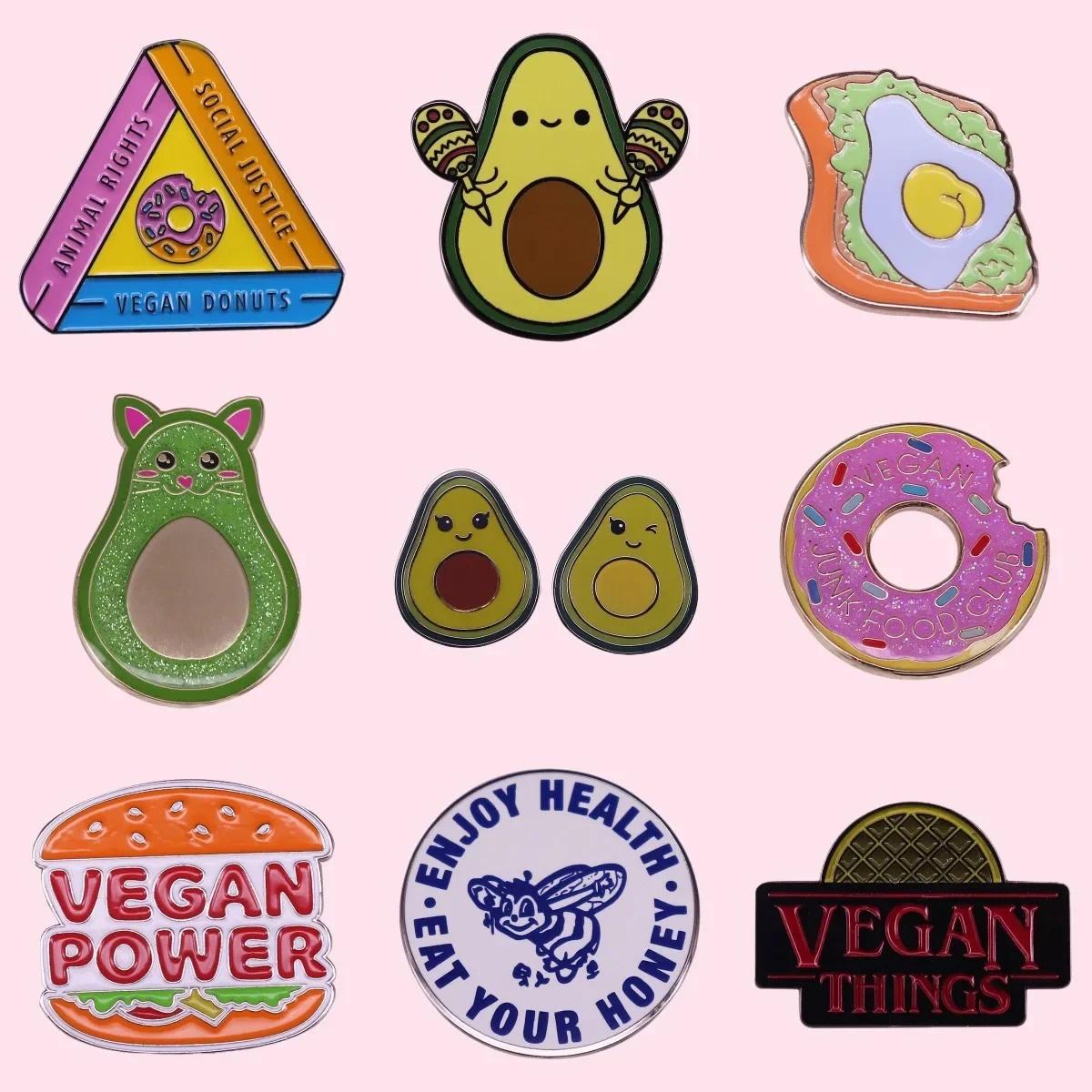 Alfileres de esmalte de vegano, insignias personalizadas de aguacate, Donut, abeja, zanahoria, verduras, hamburguesa, tostada, regalos de joyería al por mayor