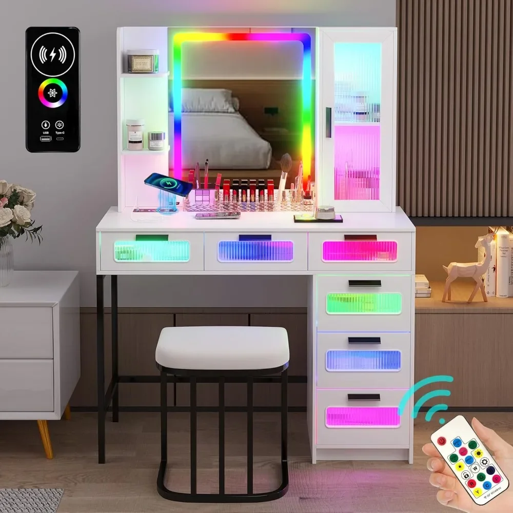 

Vanity Makeup Desk, RGB Vanity Desk with Mirror & Charging, Dressing Table Set with Stool/6 Drawers, Dressers