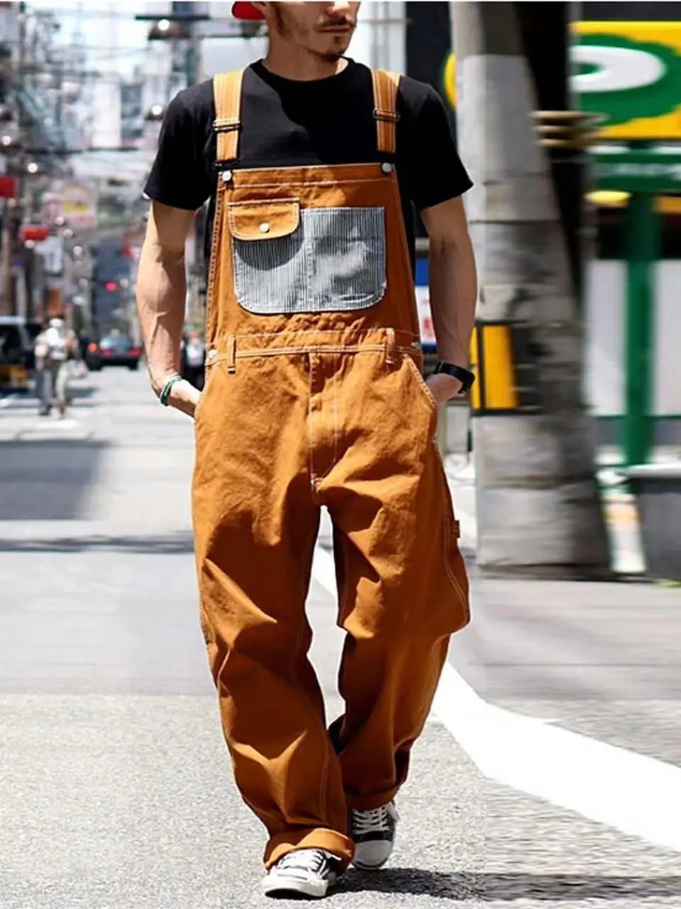 

Retro Japanese Style Men's Casual Loose Straight Leg Overalls Chic Workwear Denim Pants mid Waist Button Closure All Seasons