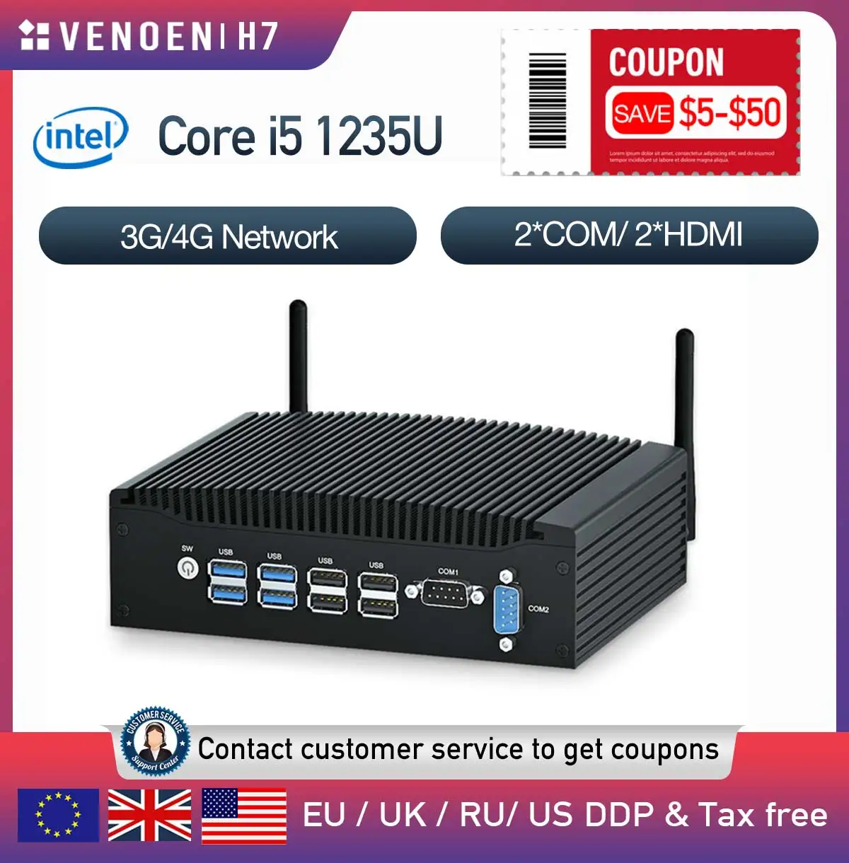 Fanless i5 1335U i7 10610U Mini PC 2×HDMI Intel Core i5 8260U Dual LAN ITX Industrial Rugged Computer 8×USB Windows 10 WiFi 4G