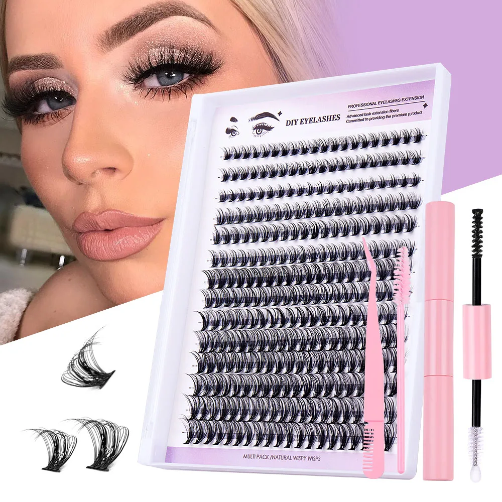 DIY Eyelash Extension Kit, 280 PCS Clusters Slender Stems, Super Fixed Mascara Brush Bond and Seal Eyelash Glue and Eyel